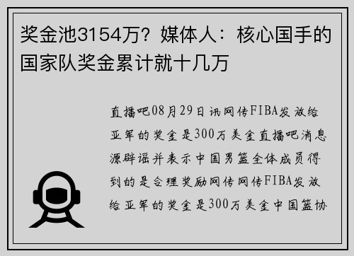 奖金池3154万？媒体人：核心国手的国家队奖金累计就十几万